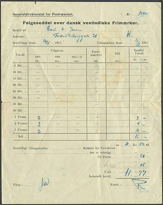 Generaldirektoratet for Postvæsnet, Følgeseddel over dansk vestindiske Frimærker med bestilling af 1 fr., 2 fr. og 5 fr. udgaver dateret d. 19.6.1917. Rift.