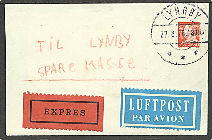 60 øre Fr. IX Børnepost mærke på luftpost ekspresbrev i Lyngby d. 27.8.1976. På bagsiden stemplet: Forsøgt afleveret / Firma lukket / 2800 Lyngby Postkontor. Ikke udtakseret i porto.