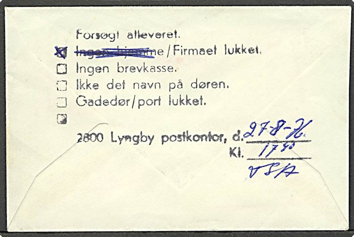 60 øre Fr. IX Børnepost mærke på luftpost ekspresbrev i Lyngby d. 27.8.1976. På bagsiden stemplet: Forsøgt afleveret / Firma lukket / 2800 Lyngby Postkontor. Ikke udtakseret i porto.