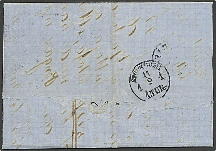 16 sk. 1857 udg. med fuld rand single på brev annulleret med nr.stempel “1” fra Kjøbenhavn d. 9.10.1863 via Helsingborg til Stockholm. Mindre skade på forsiden.