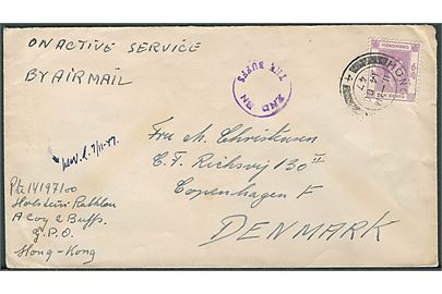 Hong Kong 10 cents George VI på OAS luftpostbrev fra Hong Kong d. 14.10.1947 til København, Danmark. Fra dansk frivillig soldat Holstein-Rathlou i A Coy 2 Buffs G.P.O. Hong Kong. Violet stempel: 2nd Bn The Buffs.