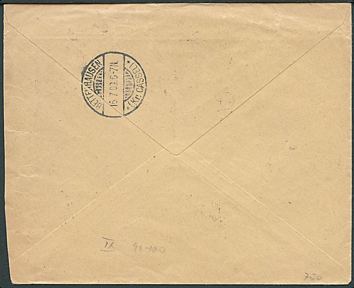 10 øre Våben og 25 øre Tofarvet omv. rm, 9.tryk pos. 91-100, på 35 øre frankeret anbefalet brev fra Kjøbenhavn d. 15.7.1903 til Rottenhausen-Cassel, Tyskland.