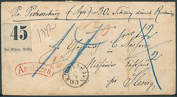 1871. Ufrankeret postforskud på 30 sk. fra Kjøbenhavn d. 8.3.1871 via Hadersleben til Missunder Fährhaus pr. Slesvig. Diverse portopåtegninger. 