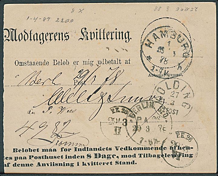 8 øre 10. tryk og 25 øre 1. tryk Tofarvet på 33 øre frankeret Postanviisning annulleret med lapidar Aalborg d. 26.3.1878 via Kolding og Hamburg til Berlin, Tyskland.
