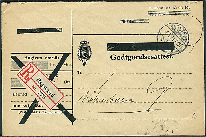 Adressebrev kuvert overtrykt Godtgørelsesattest F.Form Nr. 36 (1/1 20) sendt anbefalet fra Bagsværd d. 9.5.1921 til København 9. Usædvanlig formular.