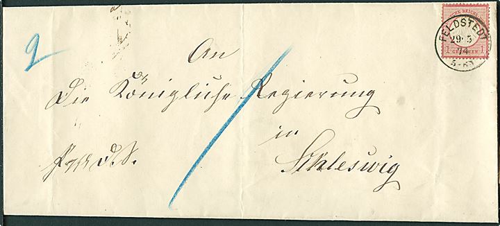 1 gr. stort Brystskjold på underfrankeret portopligtigt tjenestebrev fra Feldstedt d. 29.5.1874 til Schleswig. Påskrevet “2” (2. Vægtkl.) og “1” gr. porto.