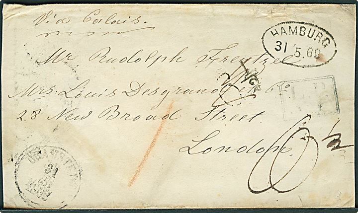 1860. Portobrev med svagt landpoststempel L.P. No. 4 (Kaltenkirschen) sidestemplet Bramstedt d. 31.5.1860 via Hamburg til London, England. Påskrevet via Calais og sort portostempel 6½. God udlandsanvendelse.