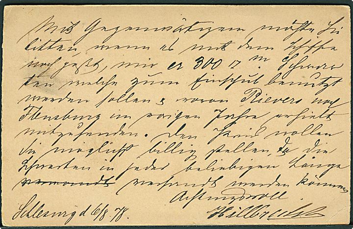 5 pfg. helsagsbrevkort fra Schleswig annulleret med bureaustempel Vamdrup - Hamburg d. 6.8.1878 til Elbing. 