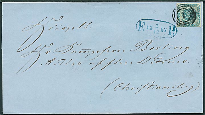 2 sk. 1855 udg. single på fodpostbrev i Kjøbenhavn annulleret med nr.stempel “1” og sidestemplet F:P: d. 2.12.1857 til Berling på Christiansborg.