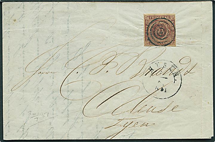 4 R.B.S. Ferslew på brev med indhold dateret Bremen d. 30.7.1851 annulleret med stumt stempel og sidestemplet med 1½-ringsstempel Husum d. 7.8.1851 til Odense.