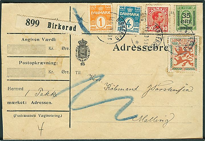 35/32 øre Provisorium, 1 øre, 4 øre Bølgelinie og 10 øre Chr. X, samt Sønderjydsk Fond mærkat på adressebrev for pakke fra Birkerød d. 13.6.1919 til Malling. 