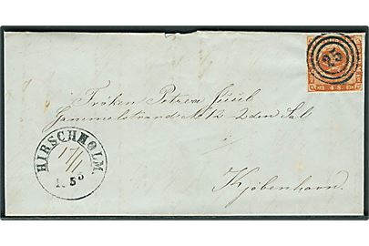 4 sk. 1854 udg. på brev annulleret med nr.stempel “25” og sidestemplet 1½-ringsstempel Hirschholm d. 17.1. 1855 med delvist håndskrevet dato til Kjøbenhavn. 