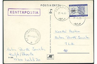 “1983” Fältpost-provisorium på brevkort fra Padasjoki d. 25.4.1983 til feltpostadresse under manøvren Houlto-83. Ank.stemplet Kenttäpostikonttori d. 27.4.1983. Attest Gummesson.