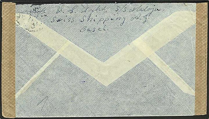 Portugesisk 3$50 frankeret luftpost brev fra LISBOA 1942 til Nr.Saltum, Danmark. Fra dansk sømand ombord på schweizisk handelsskib, S/S Maloja som blev sænket ved Kreta i 1944. Åbnet af tysk censur.