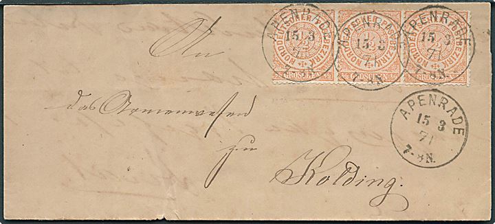 ½ gr. Norddeutscher Postbezirk (3) på 1½ gr. frankeret brev annulleret Apenrade d. 15.3.1871 til Kolding, Danmark. Særtakst til Danmark. Lidt skrøbelig.