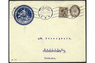 20 Øre helsagskuvert (fabr. Kl-37), med flot reklametryk fra Esbjerg Jernstøberi & Maskinfabrik, opfrankeret 20 Øre Chr.X fra Esbjerg 18.4.1925 til Berlin, Tyskland.