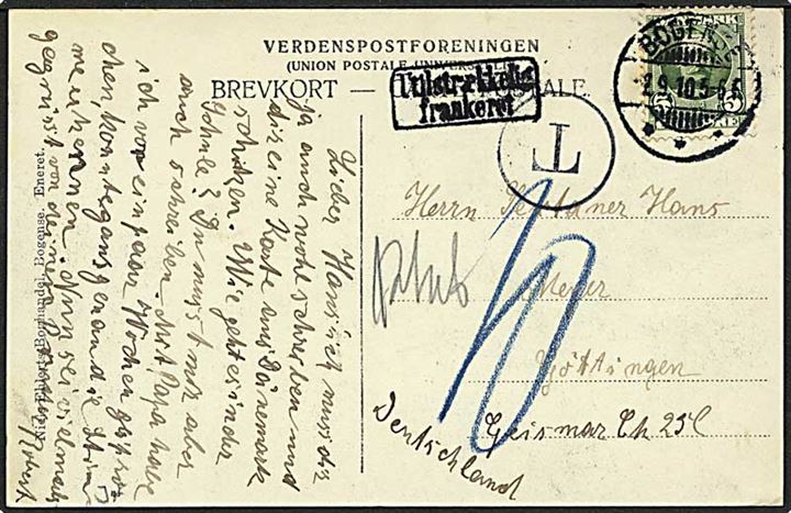 5 øre Fr. VIII på underfrankeret brevkort (Harritslevgaard) stemplet Bogense d. 2.9.1910 til Göttingen, Tyskland. Sort T-stempel og rammestempel: Utilstrækkelig frankeret.