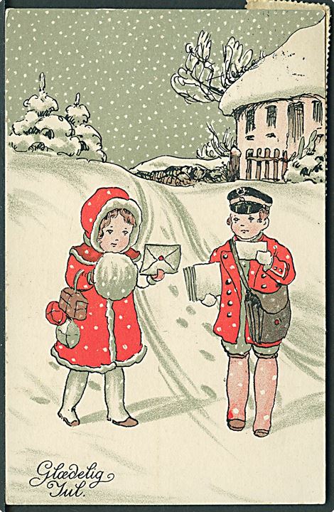 Glædelig Jul. Pige får post af postbudet. Alex Vincents, serie 11/2.