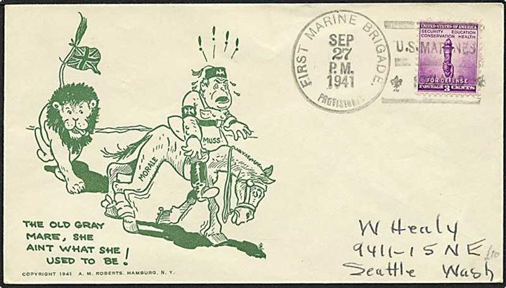 Amerikansk 3 cents på propaganda kuvert stemplet First Marine Brigade Provisional / U.S.Marines Iceland d. 27.9.1941 til Seattle, USA. 