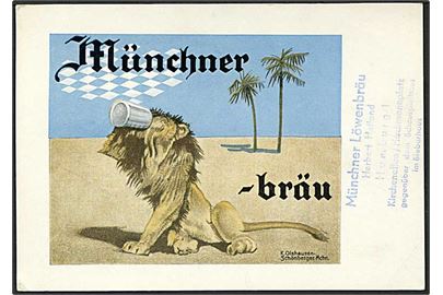 Reklamekort med øl-drikkende løve Münchner Löwenbräu. Mindre hjørne fold. Ubrugt.