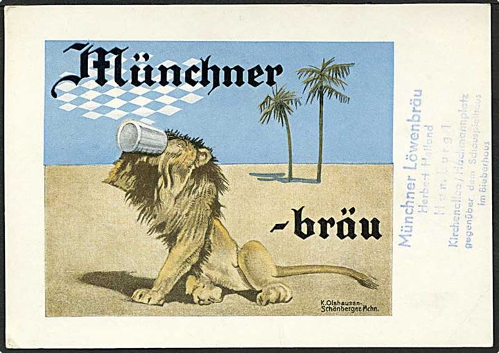 Reklamekort med øl-drikkende løve Münchner Löwenbräu. Mindre hjørne fold. Ubrugt.