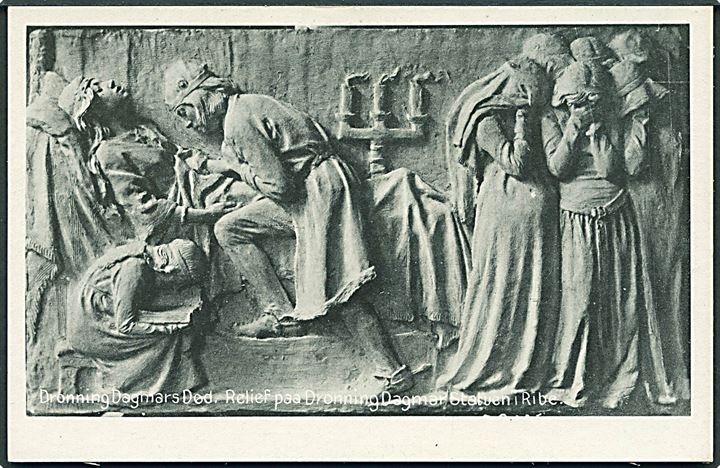 Dronning Dagmars død. Relief paa Dronning Dagmar statuen, Ribe. Stenders no. 58690.