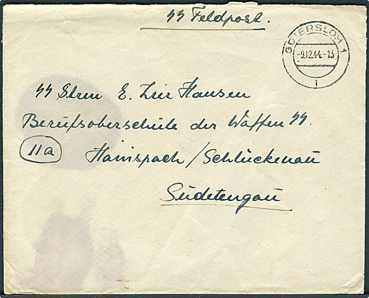Ufrankeret SS-feldpost brev fra Gutersloh d. 9.12.1944 til dansk SS-Sturmmann E. Zier Hansen på Berufsoberschule der Waffen SS i Hainspack, Schluckenau, Sudetenland. Skjold og bagklap mgl.
