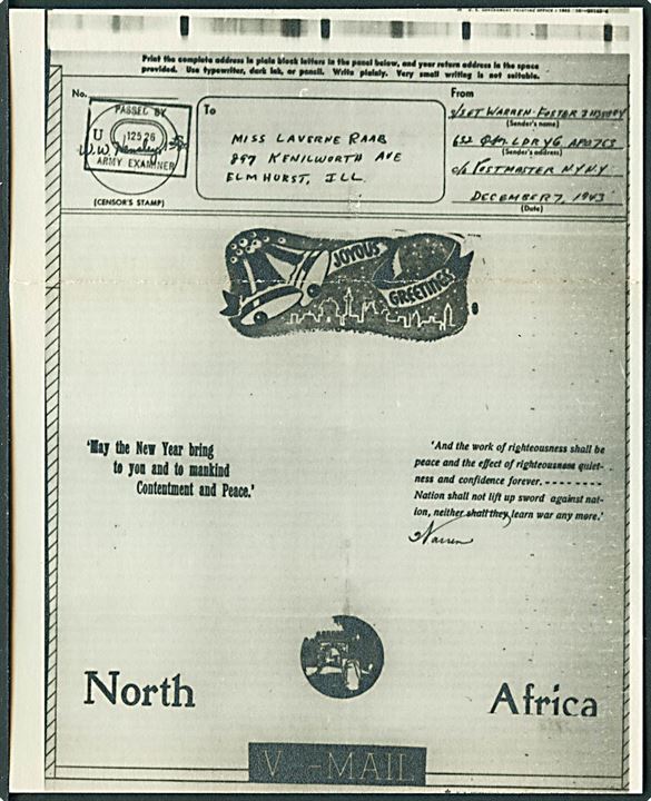 Ufrankeret V-mail rudekuvert stemplet U.S.Postal Service No. 3 d. 18.12.1943 til Elmhurst. Indeholder nedfotograferet illustreret jule V-mail dateret d. 7.12.1943 fra soldat ved 632 Q.M. LDRY 6 APO 763 i Nordafrika. Unit censor no. 12526.