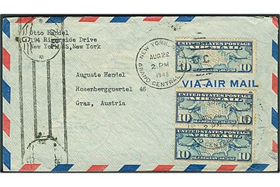 10 cents Luftpost (3) på luftpostbrev fra New York d. 22.8.1946 til Graz, Østrig. Østrigsk efterkrigscensur.
