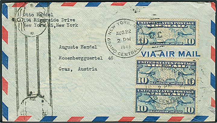 10 cents Luftpost (3) på luftpostbrev fra New York d. 22.8.1946 til Graz, Østrig. Østrigsk efterkrigscensur.