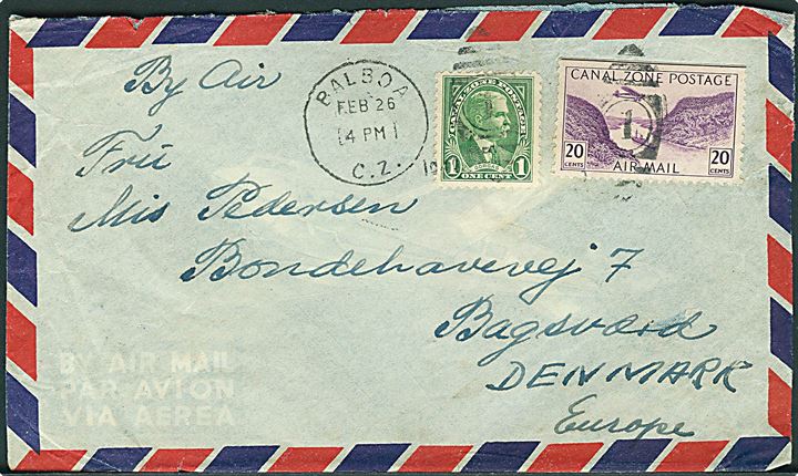 1 cent og 20 cents på luftpostbrev fra Balboa d. 26.2.1949 til Bagsværd, Danmark. Fra sømand ombord på M/S Marchen Mærsk.