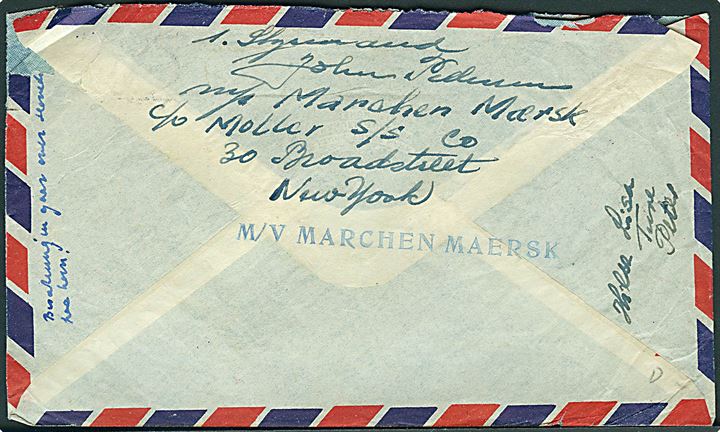 1 cent og 20 cents på luftpostbrev fra Balboa d. 26.2.1949 til Bagsværd, Danmark. Fra sømand ombord på M/S Marchen Mærsk.