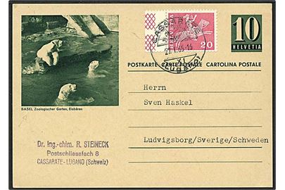 10 cent grøn enkeltbrevkort opfrankeret med 20 cent rosa fra Cassarate, Schweiz, d. 27.1.1965 til Ludvigsborg, Sverige. Motiv af isbjørne på helsagen.