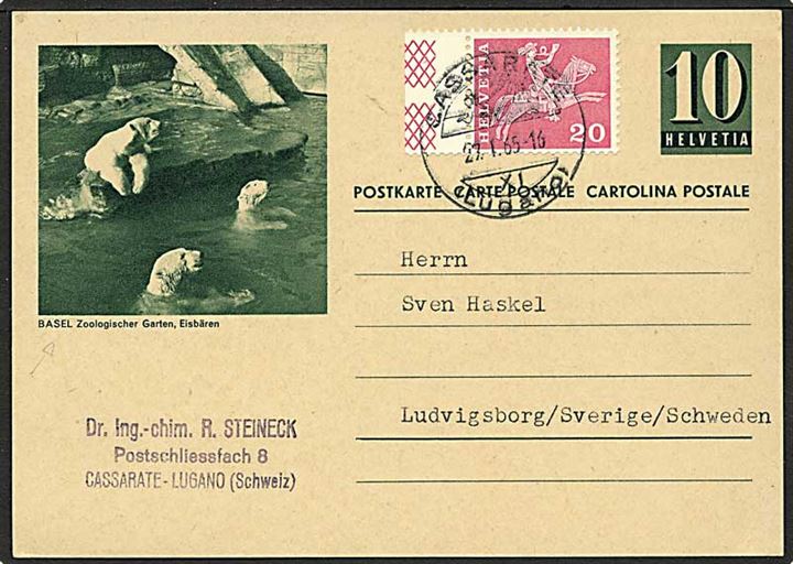 10 cent grøn enkeltbrevkort opfrankeret med 20 cent rosa fra Cassarate, Schweiz, d. 27.1.1965 til Ludvigsborg, Sverige. Motiv af isbjørne på helsagen.