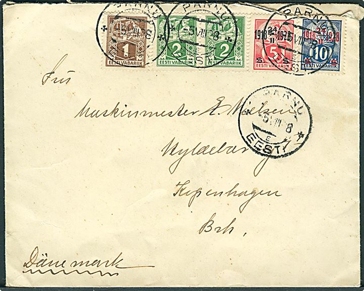 1 m. og 2 m. (2) Væver, samt 5 s. og 10 s. Uafhængighed 10 år provisorium på brev fra Parnu d. 5.8.1928 til København, Danmark. Fra sømand ombord på S/S Taarnborg.
