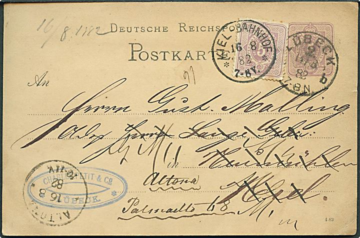 5 pfg. helsagsbrevkort fra Lübeck d. 14.8.1882 til Kiel. Opfrankeret med 5 pfg. Ciffer stemplet Kiel Bahnhof d. 16.8.1982 og eftersendt til Altona.