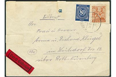 24 pfg. og 80 pfg. på korrespondancekort sendt som ekspres fra München d. 16.7.1947 til Roth-Nürnberg.