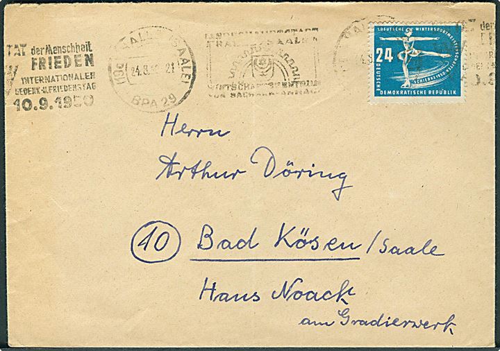 24 pfg. Skøjteløb single på brev fra Halle d. 24.3.1950 til Bad Kösen.
