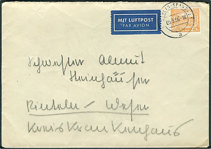 25 pfg. Berlin Tegel Schloss single på indenrigs luftpostbrev fra Berlin-Spandau d. 5.3.1956 til Rinteln.