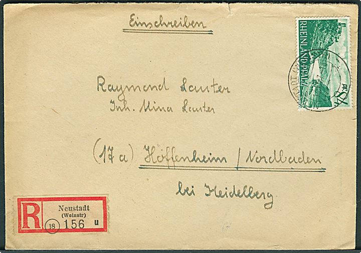 Rheinland-Pfalz. 84 pfg. single på anbefalet brev fra Neustadt d. 11.10.1947 til Hoffenheim.