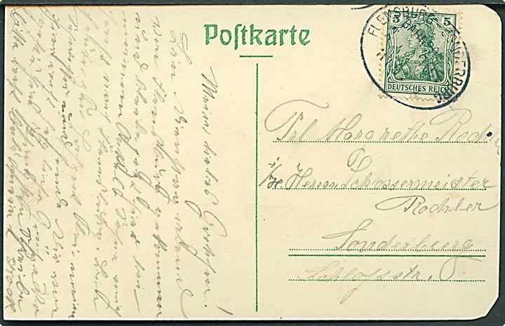 5 pfg. Germania på brevkort (Partier fra Rageböl) annulleret med bureaustempel Flensburg - Sonderburg Bahnpost Zug 905 d. 11.5.19xx til Sonderburg. Hj. klippet runde.