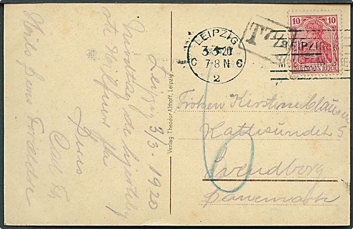 10 pfg. Germania på underfrankeret brevkort fra Leipzig d. 3.3.1920 til Svendborg, Danmark. Portostempel: T 7½c og udtskaseret i 6 øre dansk porto.
