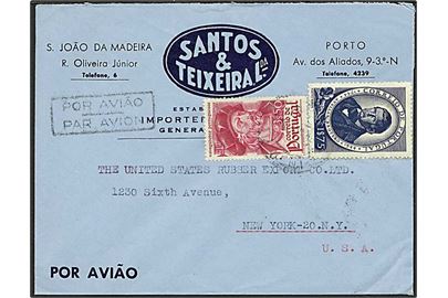 1$75 Broteros og 3$50 søfarer på luftpostbrev fra Porto 1946 via Lissabon til New York, USA. God frankatur.