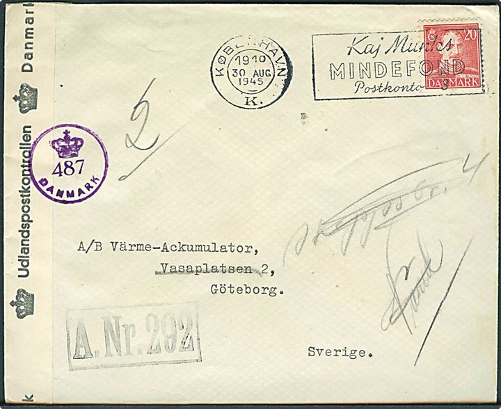 20 øre Chr. X på brev fra København d. 30.8.1945 til Göteborg. Sort Licens-stempel: A.Nr.292. Åbnet af dansk efterkrigscensur (krone)/487/Danmark. Eftersendt med flere stempler.