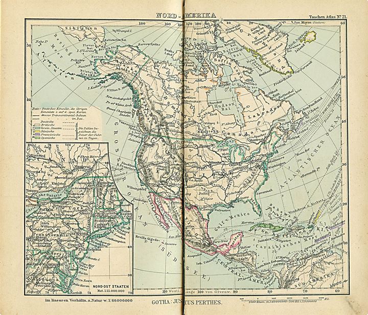 Justus Perthes Taschen-Atlas 24. opl. 1888. 32 tekstsider og 24 kolorerede landkort. 10½x17½ cm. Pænt lille atlas med angivelse af tidligere kolonier og sejlruter. Enkelte løse sider. 