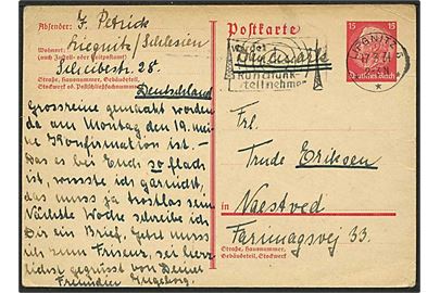 15 pfg. Hindenburg helsagsbrevkort fra Lifgnitz d. 17.3.1934 til Næstved, Danmark. Godt brugsanvendt kort. Michel: €160