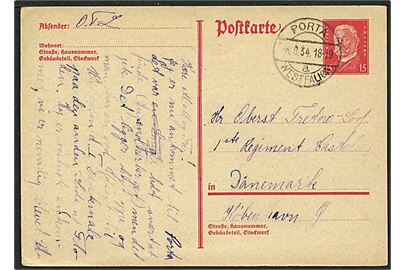15 pfg. Hindenburg helsagsbrevkort fra Porto Westfalica d. 6.8.1934 til Oberst Tretow-Loof i København, Danmark. 