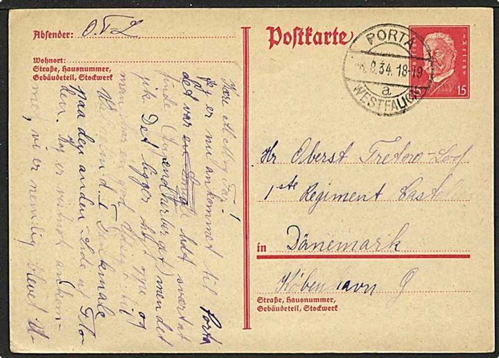 15 pfg. Hindenburg helsagsbrevkort fra Porto Westfalica d. 6.8.1934 til Oberst Tretow-Loof i København, Danmark. 