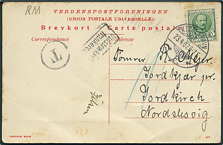 5 øre Fr. VIII på underfrankeret brevkort fra Kjøbenhavn d. 23.4.1907 til Jordkirch, Nordslesvig. Udtakseret i porto med T og rammestempel Utilstrækkelig frankeret og påskrevet 10 pfg. tysk porto.