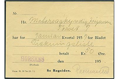 Aviskvittering Form. M. 20 2/29 (B.7) fra Horsens for Bladet Trækningslisten i Jan. kvartal 1937. 